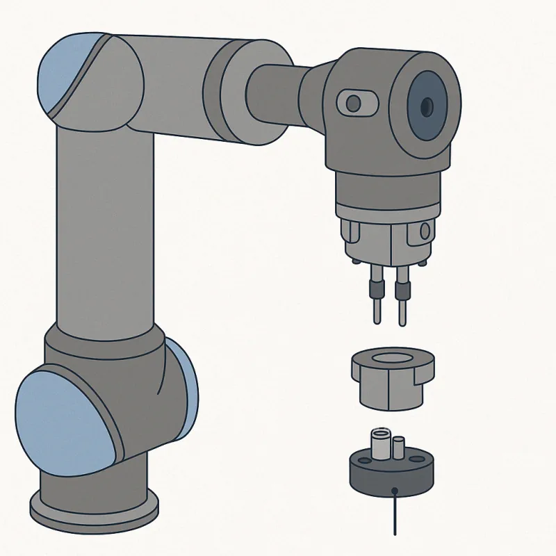 2D illustration showing a cobot tool changer with robot-side interface, locking mechanism, electrical connectors, and tool-side adapter components.