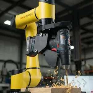 Cobot Tools Drill Adapter mounting a Bosch power drill to a robot arm for automated wood drilling.