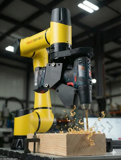 Universal Cobot Adapter holding a standard cordless drill mounted on a collaborative robot arm, showing the mechanical trigger mechanism.